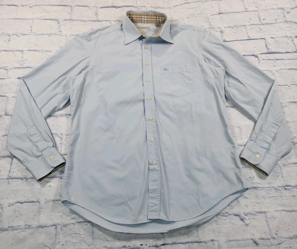 Burberry Brit Shirt MENS L Blue Button Up Plaid Flip Cuff Nova Check Collar - Image 1 of 4