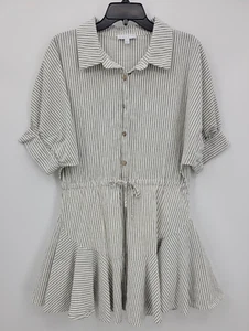 Miou Muse Dress Womens Large Black White Stripe Boxy Puff Sleeve Ruffle Hem - Picture 1 of 9