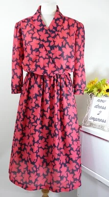 Vestido de té vintage rojo negro estampado de hoja talla 12 Foto 1 de 4