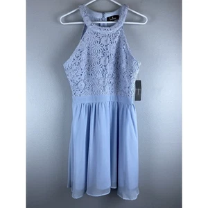 Lulus Sz Small Lover's Game Baby Blue Lace Chiffon Halter Skater Dress - Picture 1 of 16