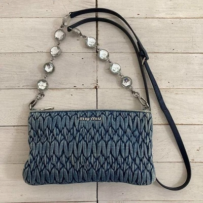 Miu Miu Matelassé Denim Mini Shoulder Bag with Stones – From Japan - Image 1 of 4
