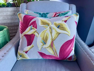 1940 年代尤卡坦 Cala 百合绿叶热带艺术装饰树皮布复古枕套 — 第 1/4 张图片