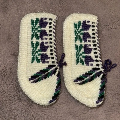 手工针织袜羊毛袜拖鞋袜,紫色花朵女式 7-8 码 — 第 1/3 张图片