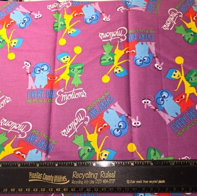 Disney Inside Out Daily Emotions Purple Cotton Sewing Fabric 13.5" NEW - Image 1 of 2