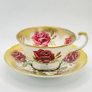 Paragon Red Cabbage Rose Tea Cup And Saucer Set Floral Gold Vtg Made In England - Picture 1 of 13