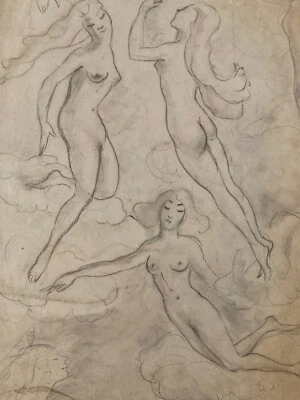 Très Beau Dessin Ancien Nu Crayon Papier Femme Nue Dans Les Nuages Erotique 1950 - Photo 1/4
