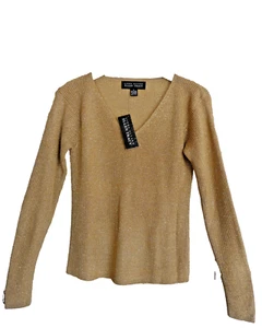 Ellen Tracy Linda Allard Gold  Metallic Sweater V-Neck New Medium Beautiful! - Picture 1 of 5