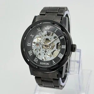 Men's SEWOR Mechanical Silver Skeleton Dial Watch, Black Bracelet, 41mm, Runs - Picture 1 of 7