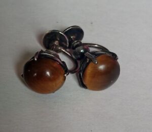 Antique Tiger's Eye Cabochon Stones Prongs Sterling Silver Screw Back  Earrings
