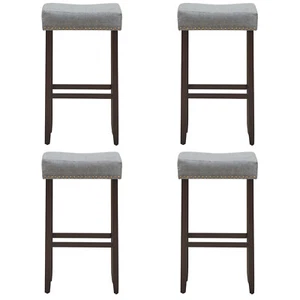 Set of 4 29" Nailhead Saddle Bar Stools with Fabric Seat & Solid Wood Legs Grey - Picture 1 of 6