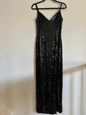 Maxi Vestido de Cóctel De Colección Años 80 90 Nitelina Negro Lentejuelas Abertura Talla 6 Noche Baile de graduación Foto 1 de 4