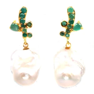 925 Sterling Silver White Baroque Pearl & Green Emerald Earrings 18K Gold Plated - Picture 1 of 4
