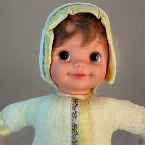 1983 Mattel First Snuggle Baby 13" Plush Doll Vinyl Head Plush Body Yellow Vtg - Picture 1 of 12