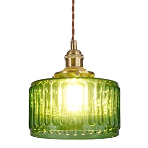 Glass Pendant Light Vintage Pendant Light Fixture with Green Striped Glass la... - Picture 1 of 7