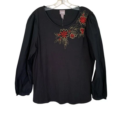 Blusa floral Chico’s para mujer talla 2 L/12 adornada con flores manga abullonada con cuentas NUEVA Foto 1 de 4