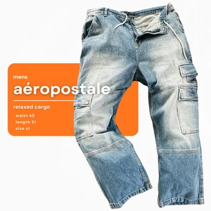 men’s relaxed cargo jeans y2k baggy straight leg utility pockets medium wash xl - Picture 1 of 6