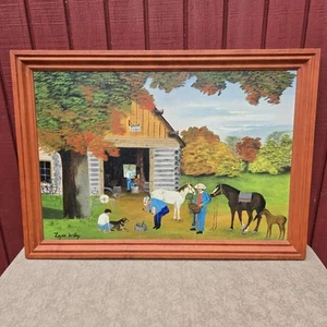 Vintage Folk Art Oil Painting The Work Shop Blacksmith Horse Farrier Farmhouse - Picture 1 of 24