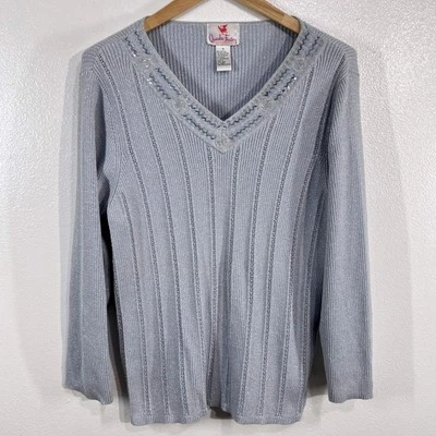 Quacker Factory Sparkle V-Neck Embellished Knit Silver Metallic Ribbed Sweater - Image 1 of 4