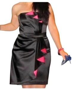 White House Black Market Strapless Cocktail Dress Sz 10 Satin Ruffle Mini Black - Picture 1 of 10