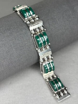 Vintage Sterling Silver and Green Onyx Bracelet  - 7in - Image 1 of 4