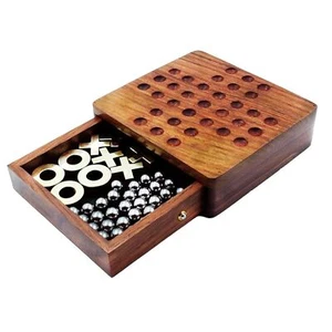 Wooden Board Game Tic Tac Toe+Solitare Mind Teasing Game For Kids Gifting - Picture 1 of 6