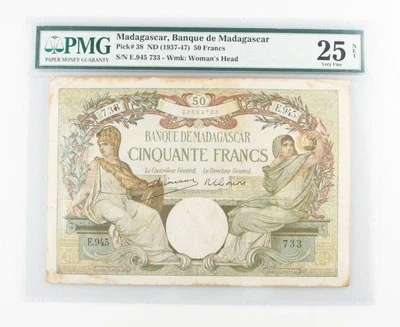 1937-1947 (ND) Madagascar 50 Francs Note (VF-25 NET PMG) Banque Fifty P-38 - Image 1 of 3