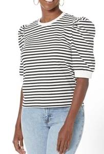 The Drop Womens Mariko Puff-Sleeve Crewneck T-Shirt XXS Black & White Stripe New - Picture 1 of 5