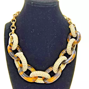 Ann Taylor Chunky Statement Necklace Faux Tortoise Shell Rhinestone Link Signed - Picture 1 of 21