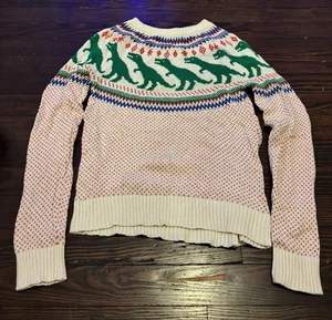 ModCloth Dinosaur TREX Fair Isle Sweater Womens XS Ivory Rawr Ambition Scandi - Picture 1 of 19