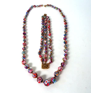 Millefiori Venetian Art Glass Graduated 29" Bead Necklace & Triple 8" Bracelet - Picture 1 of 24