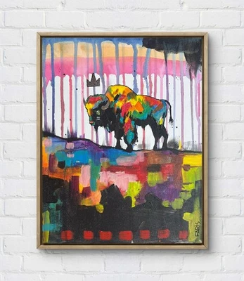 Arte Original Faris: Lluvia de Búfalo: Lienzo 11x14 Único Moderno Neo-Expresionismo Foto 1 de 4