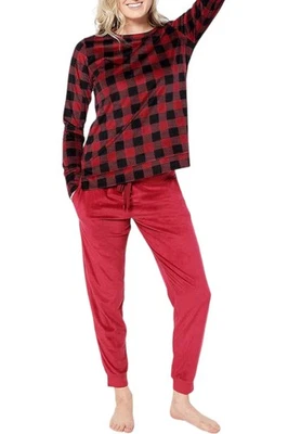 Cuddl Duds Fireside Lounge Set Soft Velour Rumba Red Buffalo Check NIP - Image 1 of 4