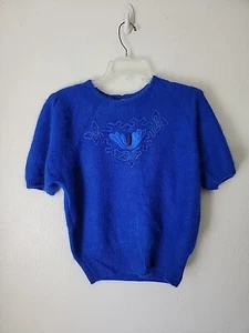 Vintage Angora Sweater Blue Beaded Short Sleeve Pullover Fuzzy  Small- Medium  - Picture 1 of 10