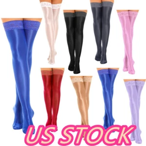 -Damen glänzend transparent Overknee Strümpfe Spitzenbesatz Overknee Socken Dessous - Bild 1 von 54