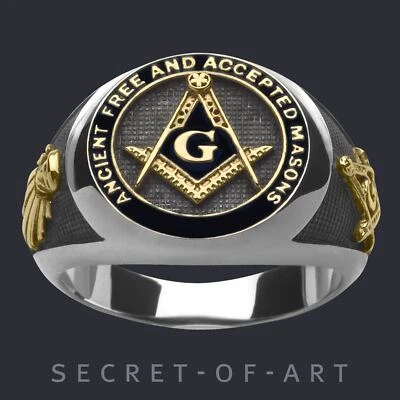 Masonic Ring AF & AM Freemason Masonry Silver 925 18K-Gold Plated, black enamel - Image 1 of 4