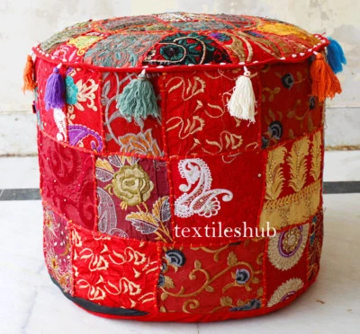 Red Bohemian Pouf Ottoman Stool Floor Pillow Chair Pouffe Indian Handmade Pouf  - Image 1 of 4