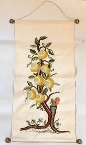 Vintage MCM Crewel Embroidery Wall Hanging Metal Rods Lemon Tree Squirrel - Picture 1 of 4
