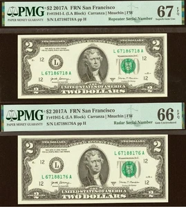 Matching Serial Numbers Radar Repeater - 2017A $1 FRN - PMG 67EPQ - 67188716 - Picture 1 of 5