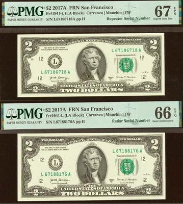 Matching Serial Numbers Radar Repeater - 2017A $1 FRN - PMG 67EPQ - 67188716 - Image 1 of 4