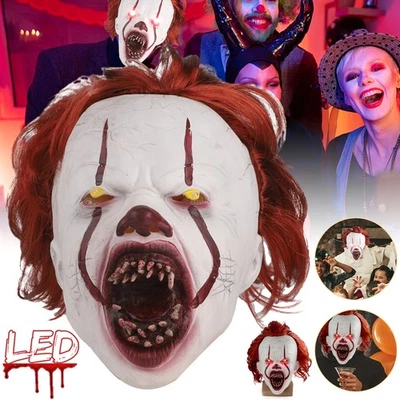 LED Stephen Kings Es Maske Pennywise Halloween Horror Clown Joker Cosplay Kostüm - Bild 1 von 4
