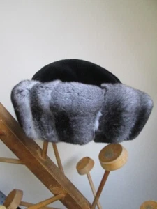 Women's Brand New Black Sheared Mink Hat with Chinchilla Fur GORGEOUS - Picture 1 of 5