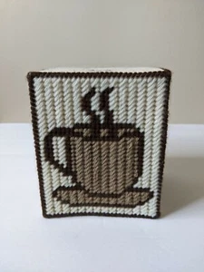 Handmade Square Tissue Box Cover Crochet Brown Coffee Cup Grandma Core Cottage - Picture 1 of 7