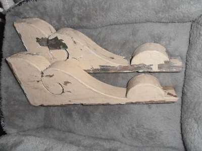antique 1800's Corbels shabby chippy paint Wooden White Corbels 14 1/4"x 5 1/2" - Image 1 of 4