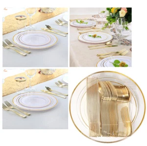 60 Pcs Party Gold Plates with Gold Silverware Wedding Birthday - Picture 1 of 5
