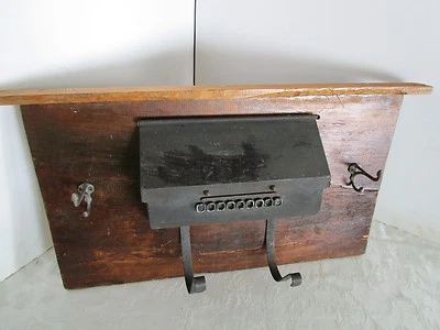 Vintage Reclaimed metal Wall Pocket Mail Box bill Organizer hooks keys 27" W - Image 1 of 4