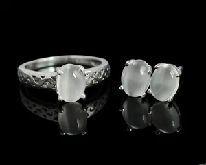 8x6 mm Natural Moonstone Gemstone 925 Sterling Silver Ring Earring Jewelry Set - Picture 1 of 8