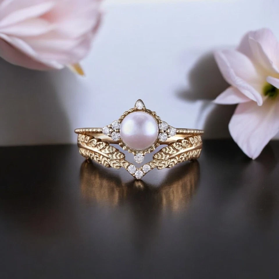 9k Solid Gold 5MM Round Shape Natural Akoya Pearl Ring Solitaire Bezel Set Ring - Image 1 of 4