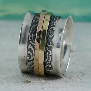 Spinner Vintage Two Tone Solid 9k Yellow And Rose Gold Sterling Silver Ring Size - Picture 1 of 9