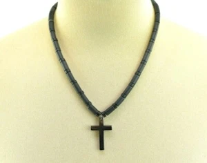 Hematite Cross Pendant With Black Wood Beaded 18" Necklace - Picture 1 of 3