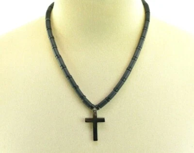 Colgante Cruz Hematita con Cuentas Madera Negra 18" Collar Foto 1 de 3